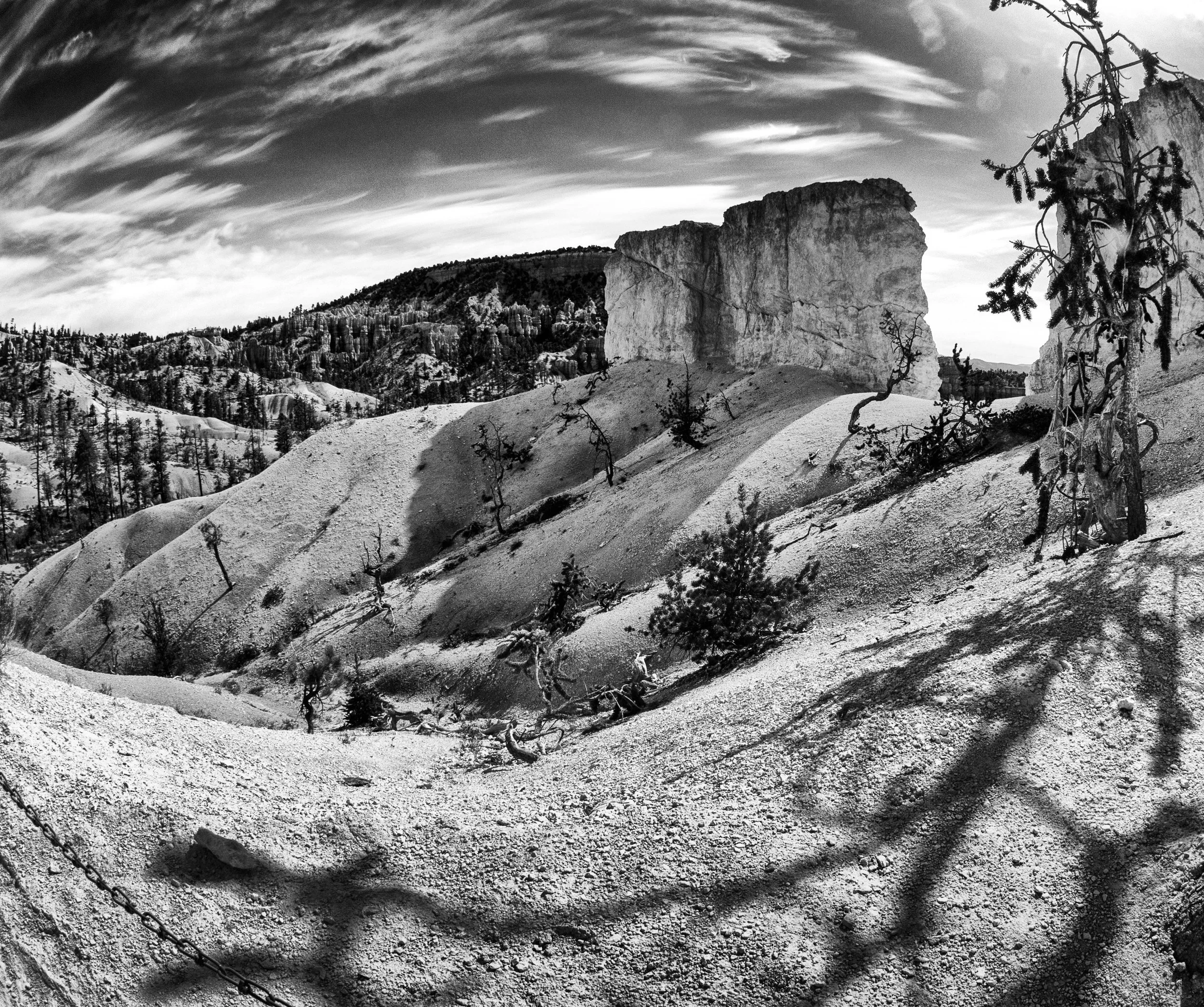 Bryce Canyon Cliffs and Shadows.
Long shadows reach across the canyon floor beneath towering walls of weathered stone.