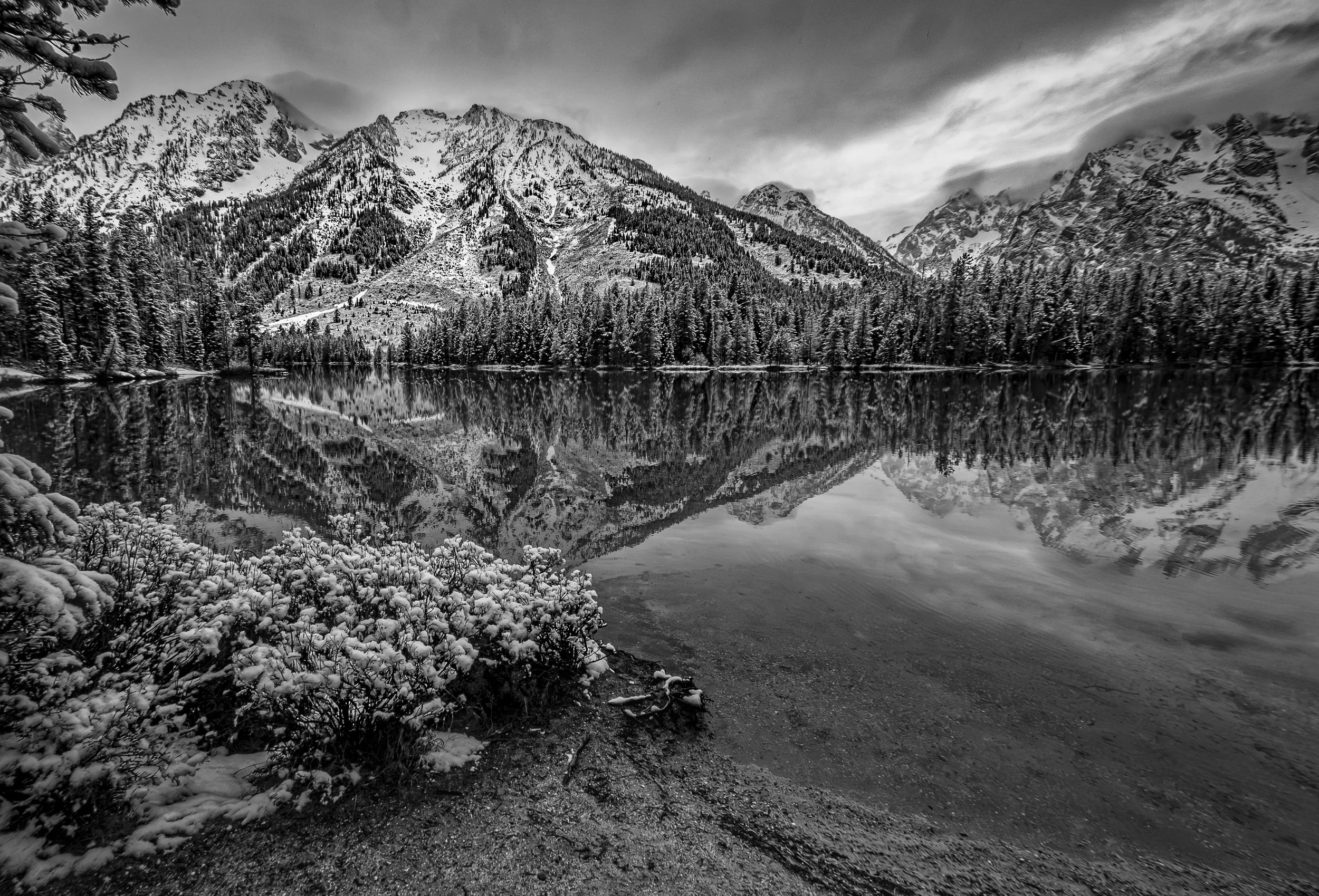 Snow-Covered Tetons.
Fresh snow, still water, and rugged peaks come together in a moment of complete mountain silence.
