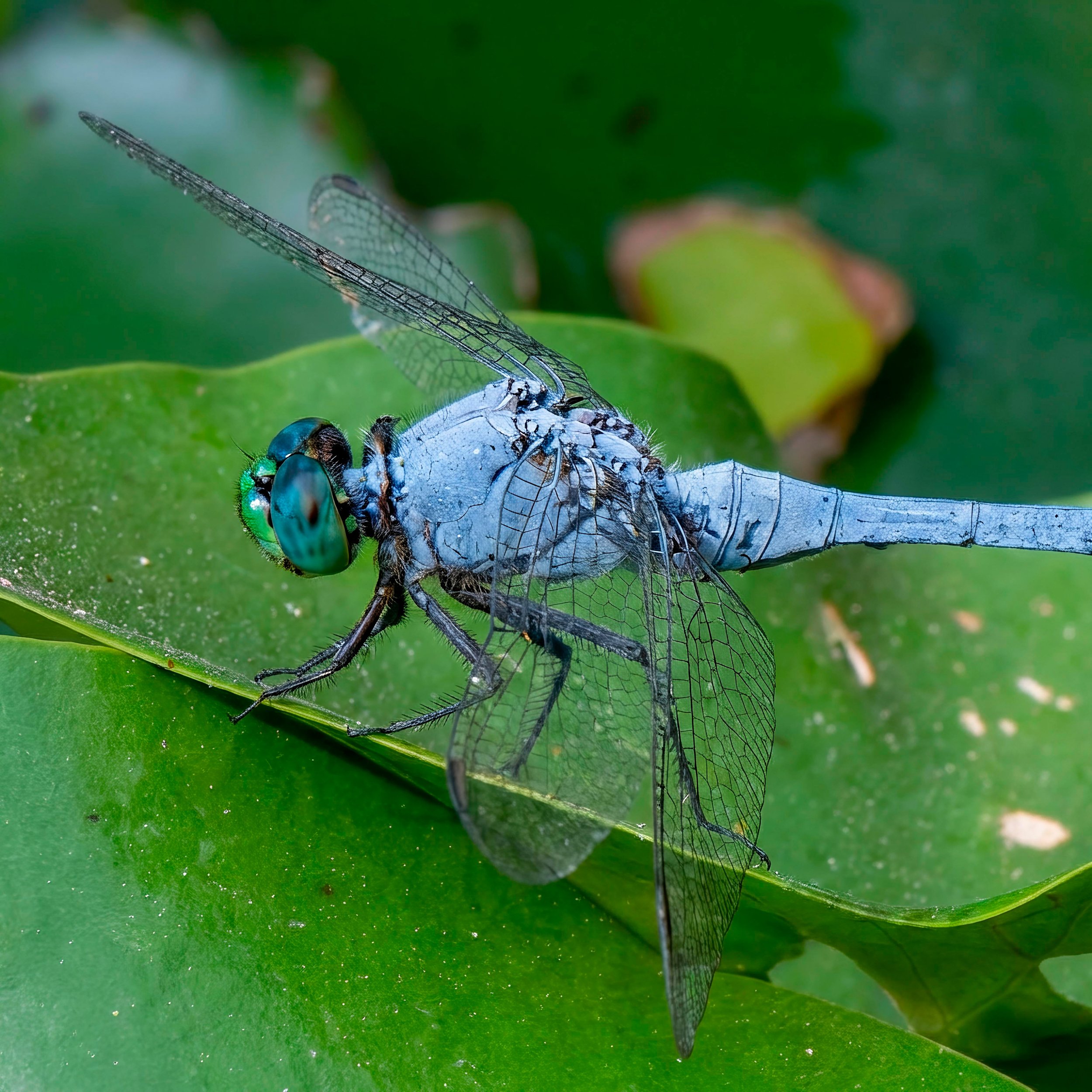 Blue Sentinel — Fort Worth, Texas.
A blue dragonfly rests on a broad leaf, its delicate wings and jewel-like eyes revealed in fine detail.