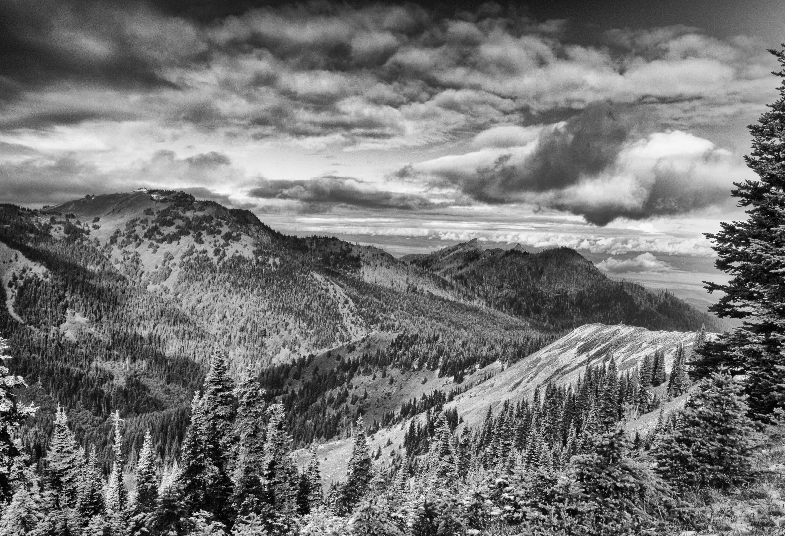 Olympic Mountain View.
Mountain ridges descend toward distant water beneath a broad and changing sky.