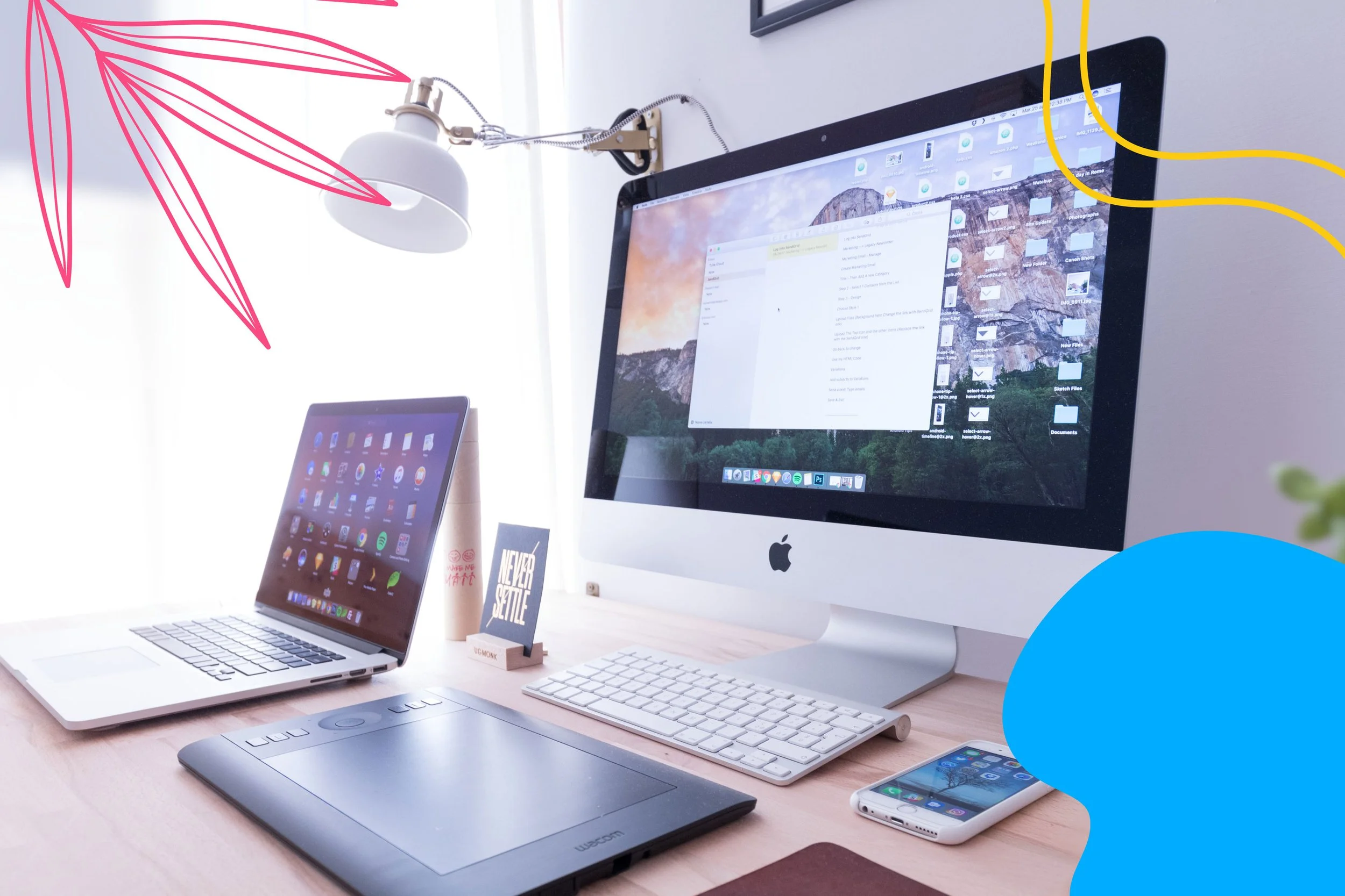 Image of a laptop, a desktop computer, a wacom tablet and an iphone. Decorated with Andrea's leaves