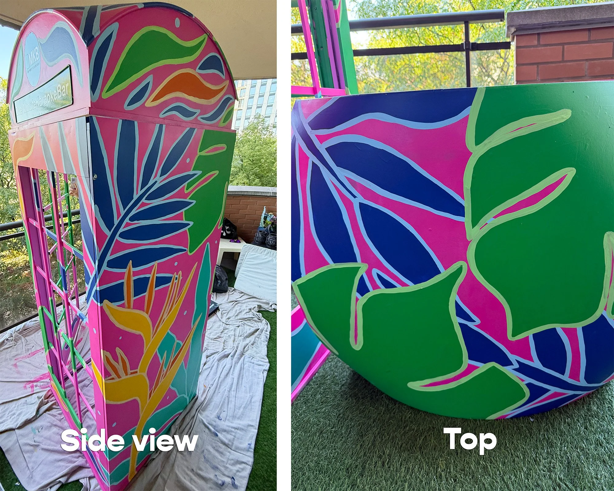 Tropical photo booth mural painted on metal structure by Toronto mural artist AndreaCataRo