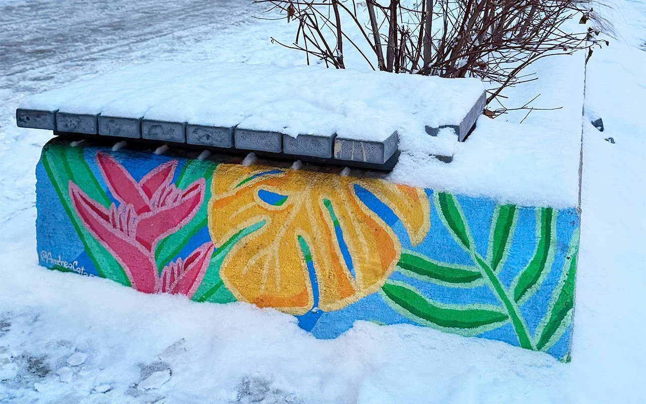 Colourful public art bench in Roncesvalles covered in snow, showing colour and warmth in a winter landscape