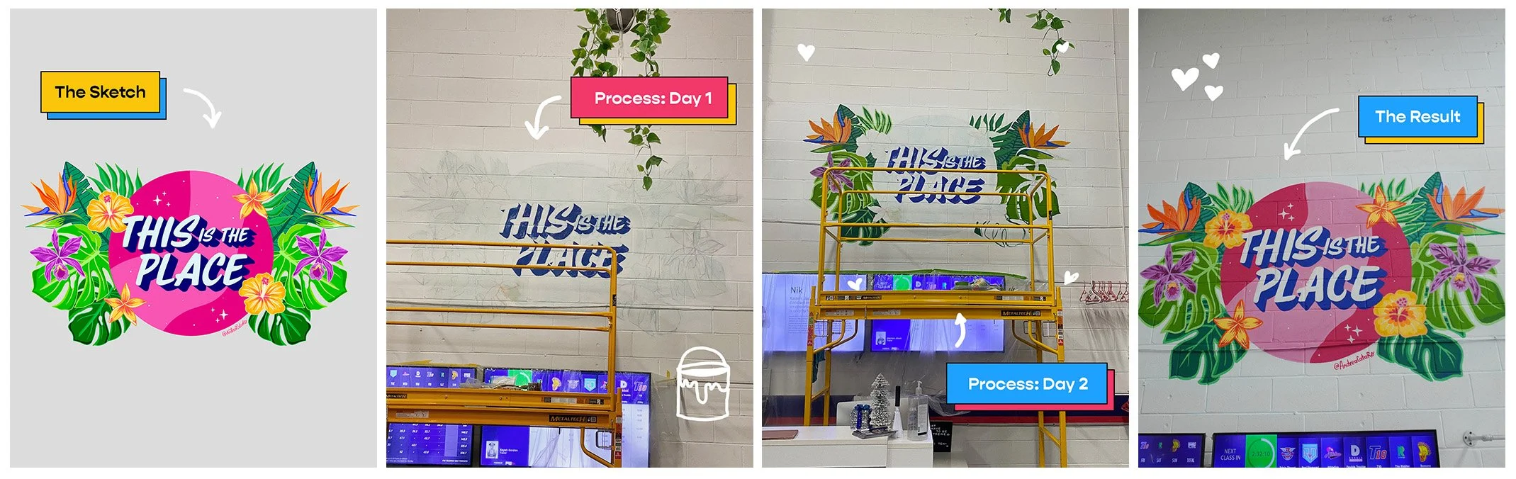 Mural painting process by ANDREACATARO, from initial sketches to detailed painting, showcasing professional mural techniques."