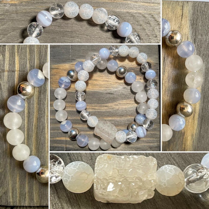 Blue Lace Agate,
Dragon Vein Quartz,
Hematite,
Cracked Quartz,
Druzy