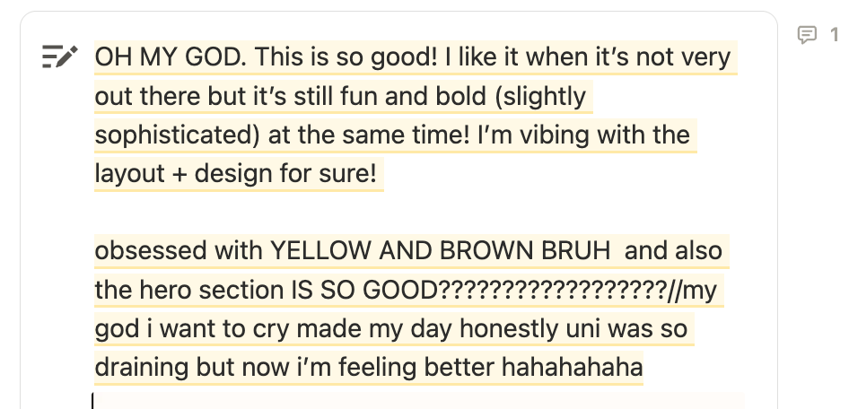 A screenshot of feedback from a survey post-project, with the client claiming they love the colours (yellow and brown) and the hero section.