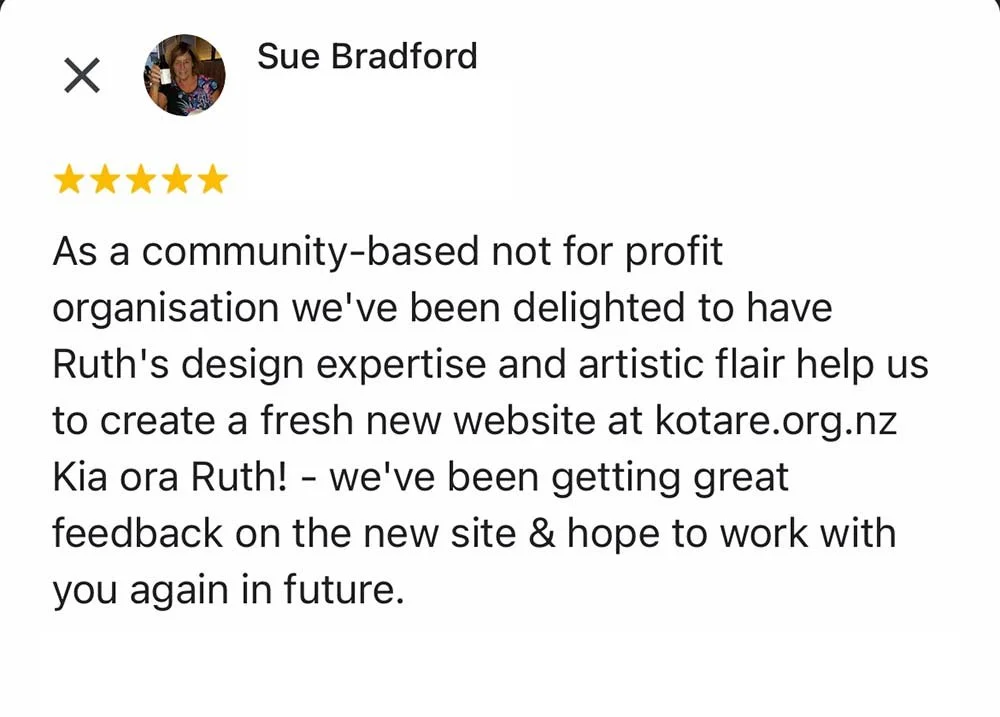 Five-star review by Sue Bradford praising Ruth's design work on kotare.org.nz, mentioning great feedback on the new website.