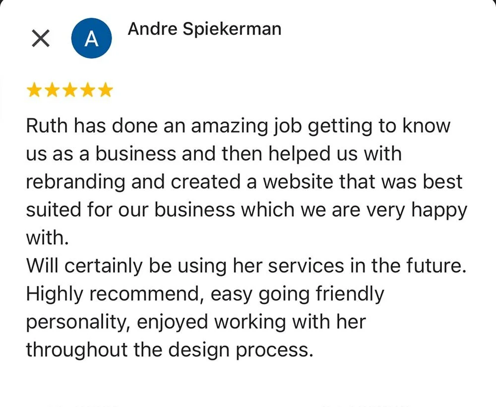 A five-star review praising Ruth for exceptional business understanding, rebranding, and website creation, highlighted for a positive experience and friendly personality, recommending her services for future projects.