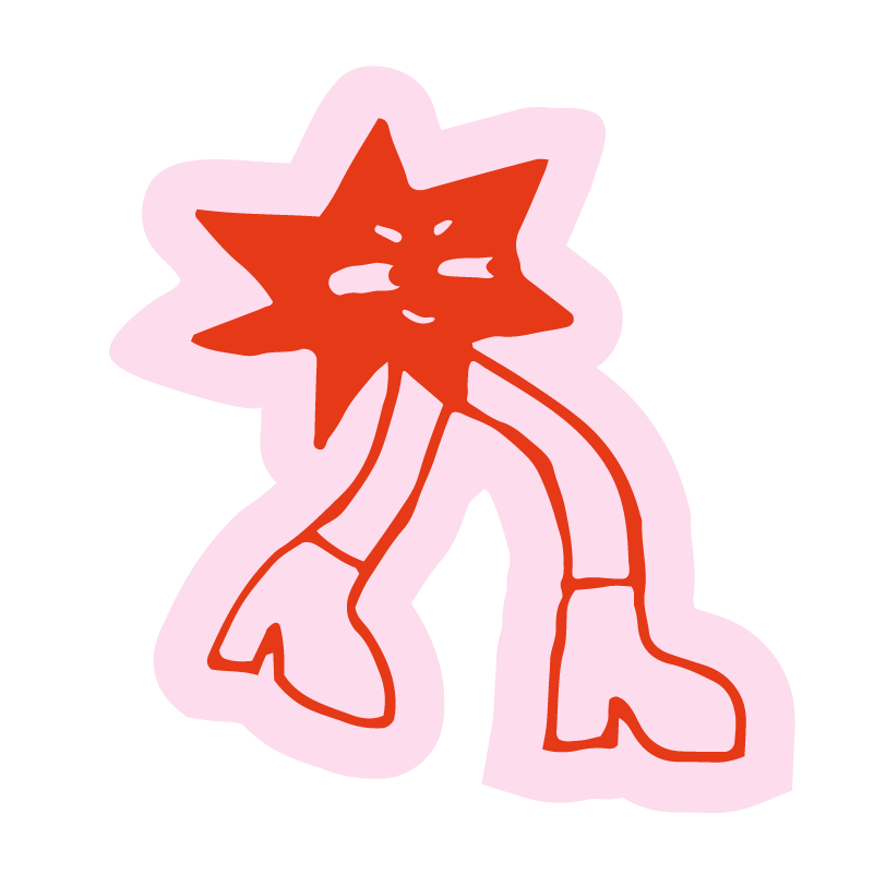 Cartoon star character with face, long legs, and platform boots in red outline on pink background.