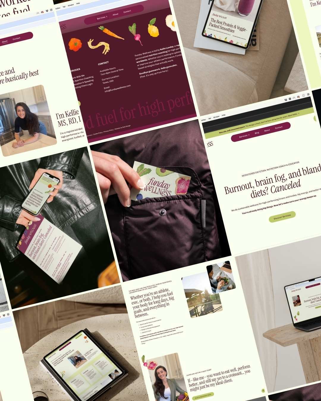 A grid of assets and mockups for Funday Wellness, showing screenshots from the website, a business card being pulled out of a purple puffer jacket pocket, a woman holding a phone showing the mobile site and a flyer behind her back, an iPad on a table