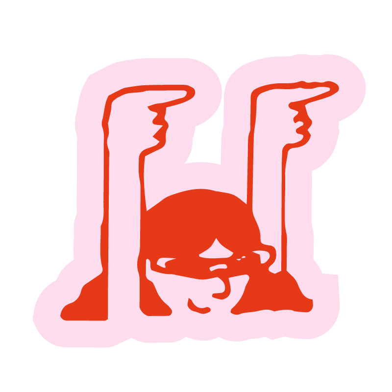 Abstract art of a person wearing glasses with two pointing hands emerging from their head, colored in red and pink.