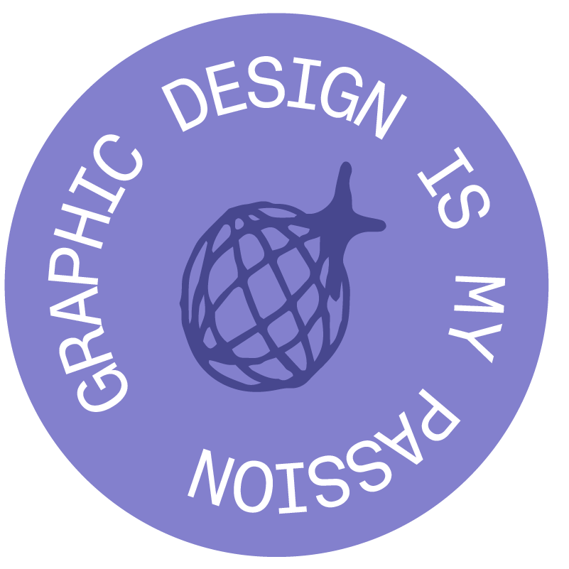 Purple circle with the text "Graphic Design is My Passion" surrounding a mesh-like globe design.
