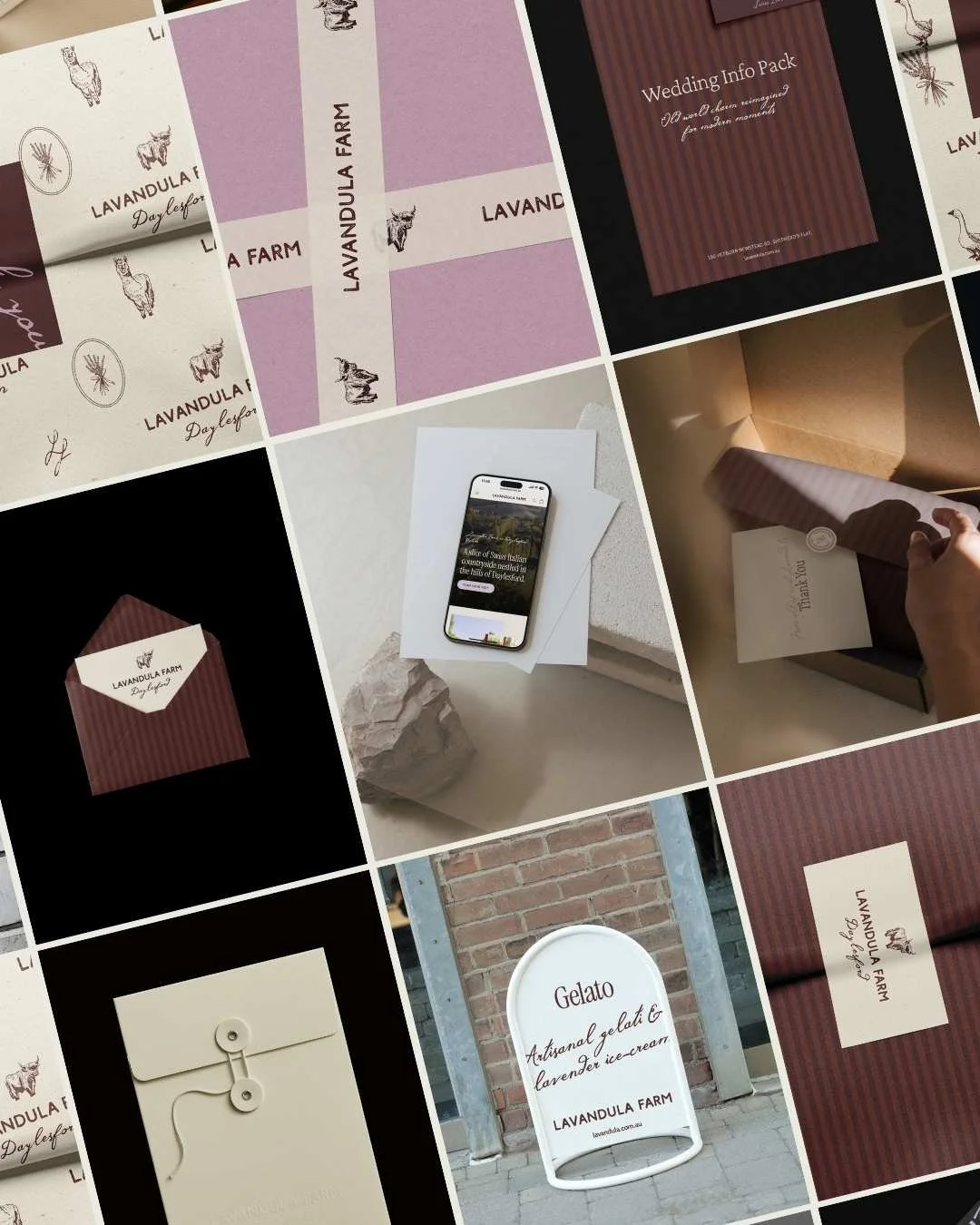 A compilation grid of nine photographs showing a range of mockups and assets for Lavandula Farm's Rule Your Business branding, Shopify site and extras package. Shows a mobile mockup of the website homepage, A-frame signage design, packaging assets