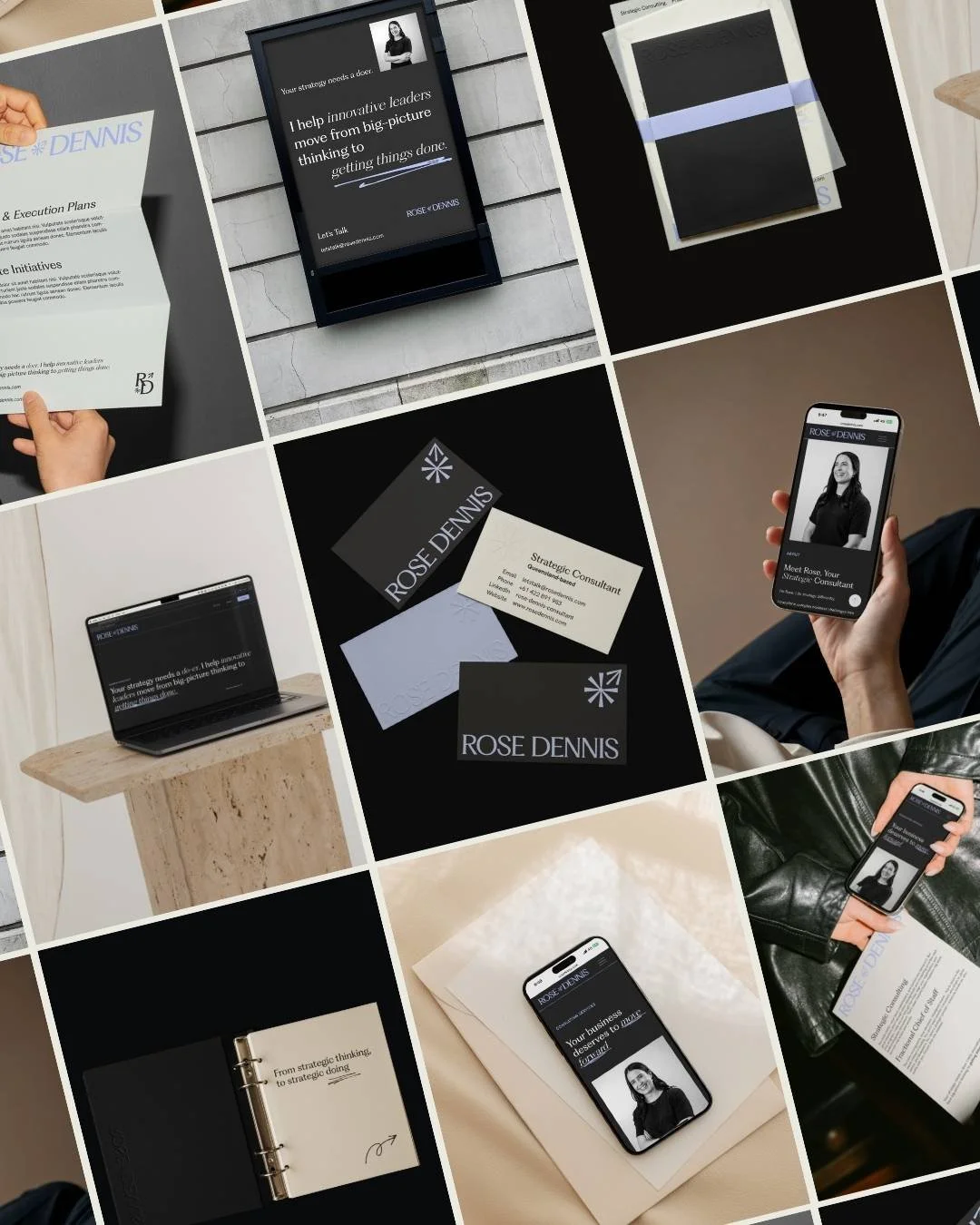 A 3 x 3 grid layout showing assorted photographs of Rose Dennis brand assets including a billboard design, business cards, website design on mobile and desktop, and various stationery including letters and notebooks.