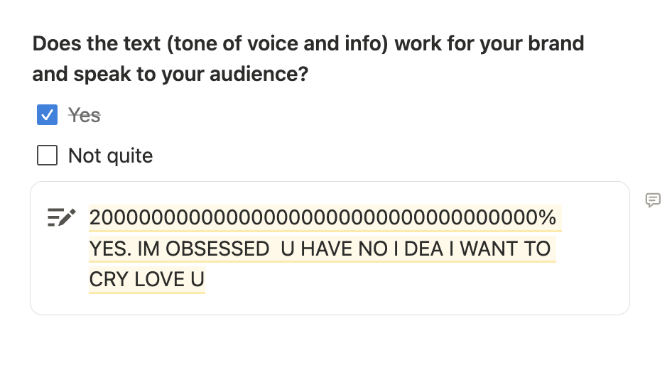 A screenshot of a check box on a survey that asks "does the text (tone of voice and info) work for your brand and speak to your audience ticked 'yes', with positive feedback from Sunnie of Cheeky Noot saying she is obsessed with the design.