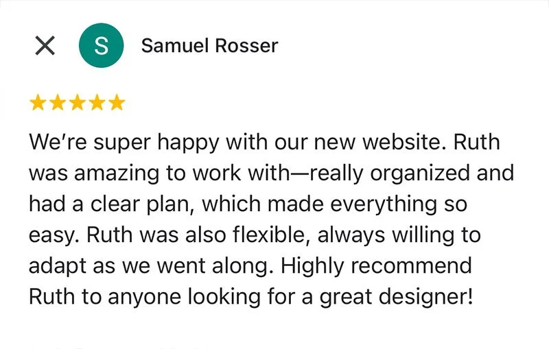 Five-star review for Ruth by Samuel Rosser, praising her organizational skills, flexibility, and recommending her as a great designer.