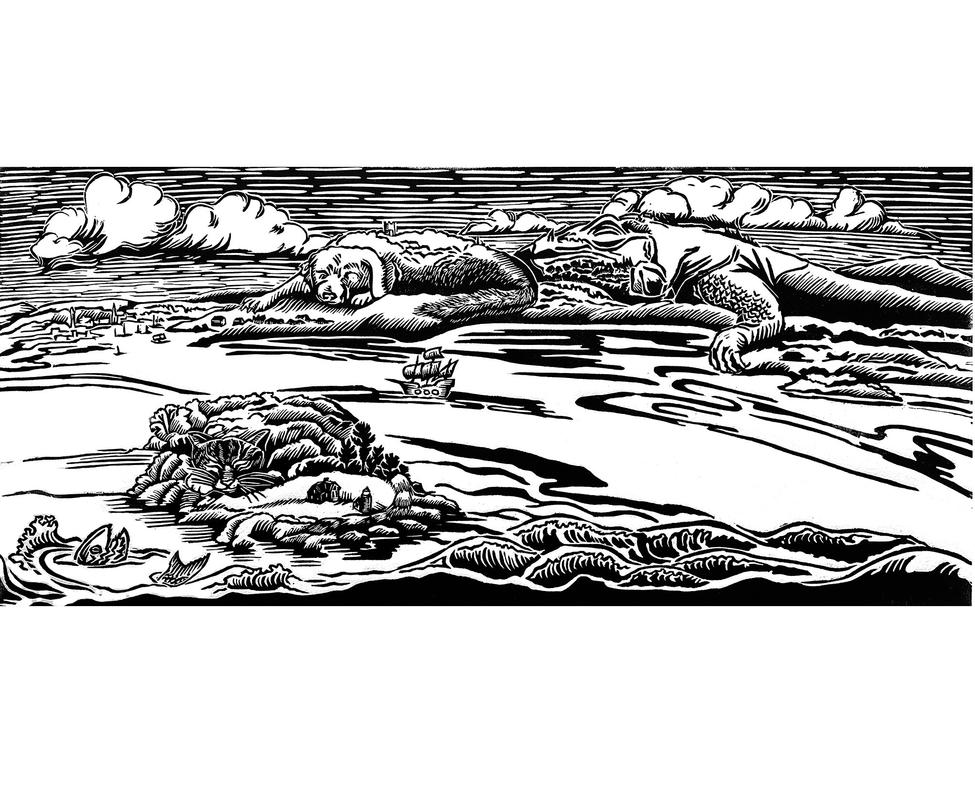 marine landscape with cat, dog and dragon