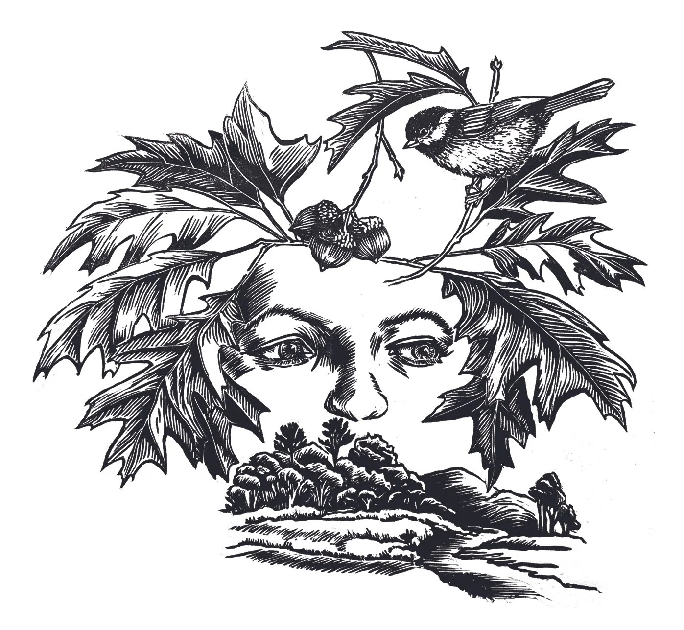 woman's face with landscape and chickadee