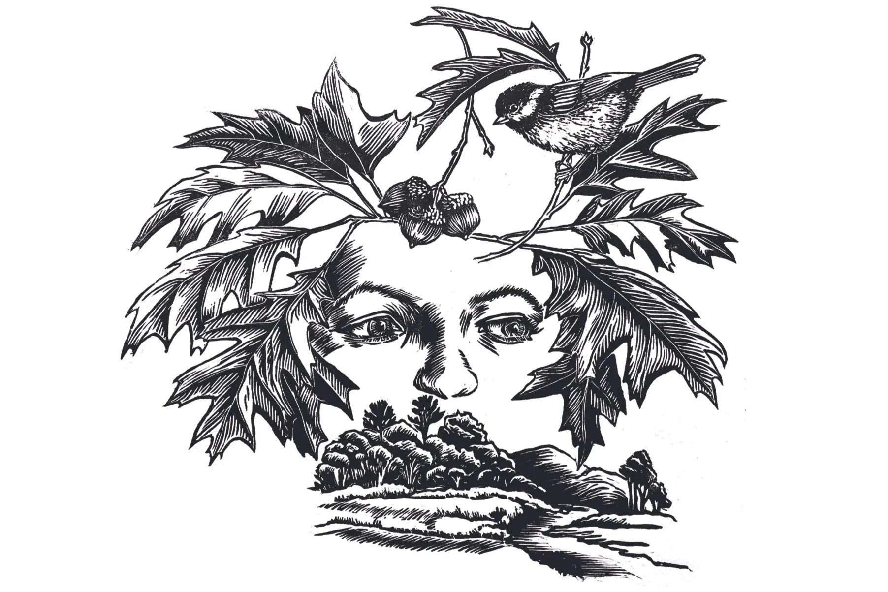 woman's face with landscape and chickadee