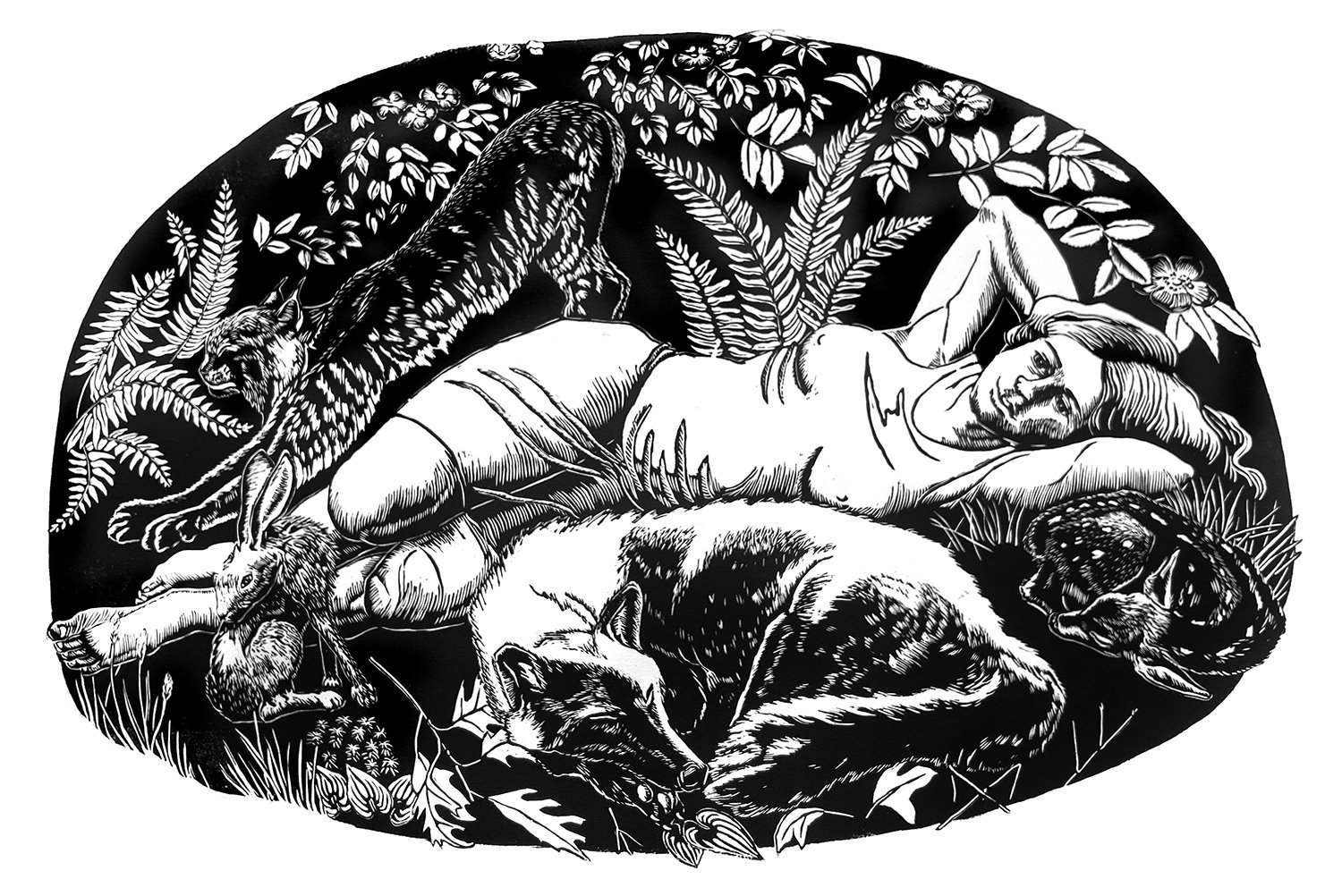woman lying with animans