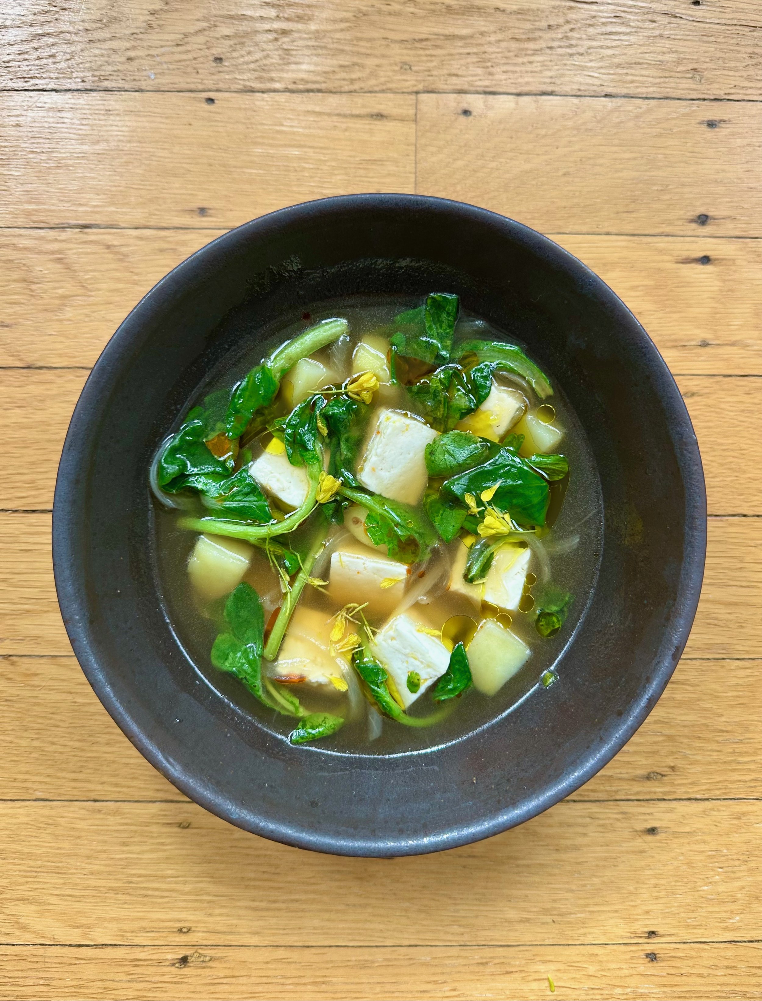caldo de queso, tatsoi, meyer broth