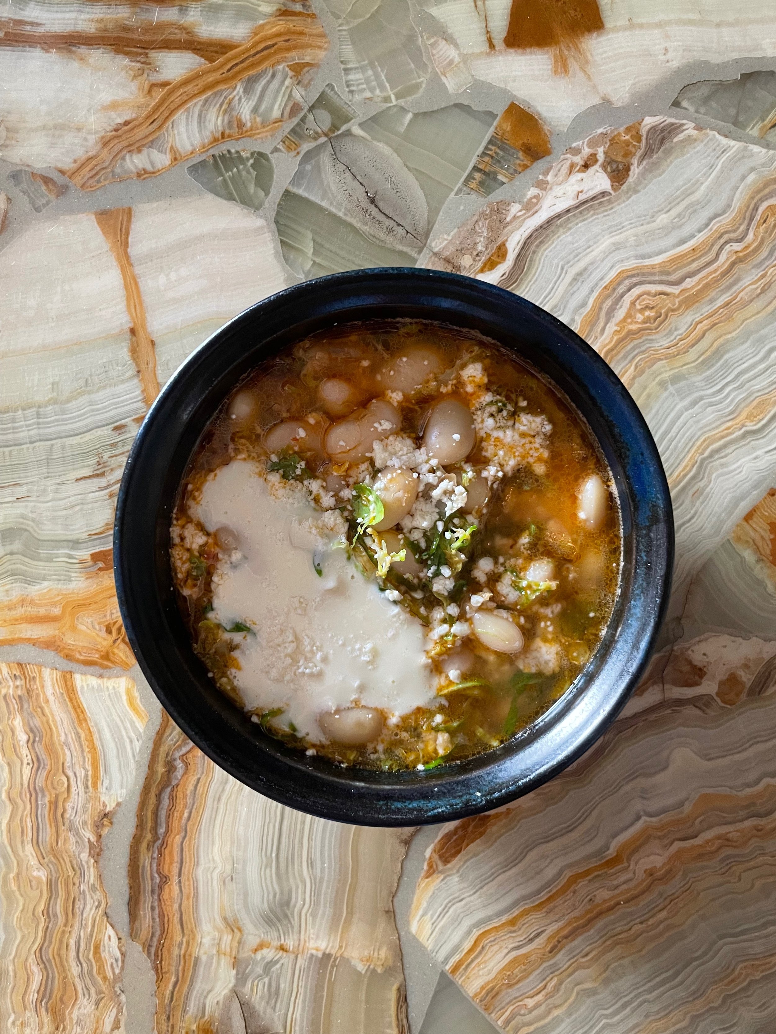 heirloom bean, parm brodo, creme fraiche