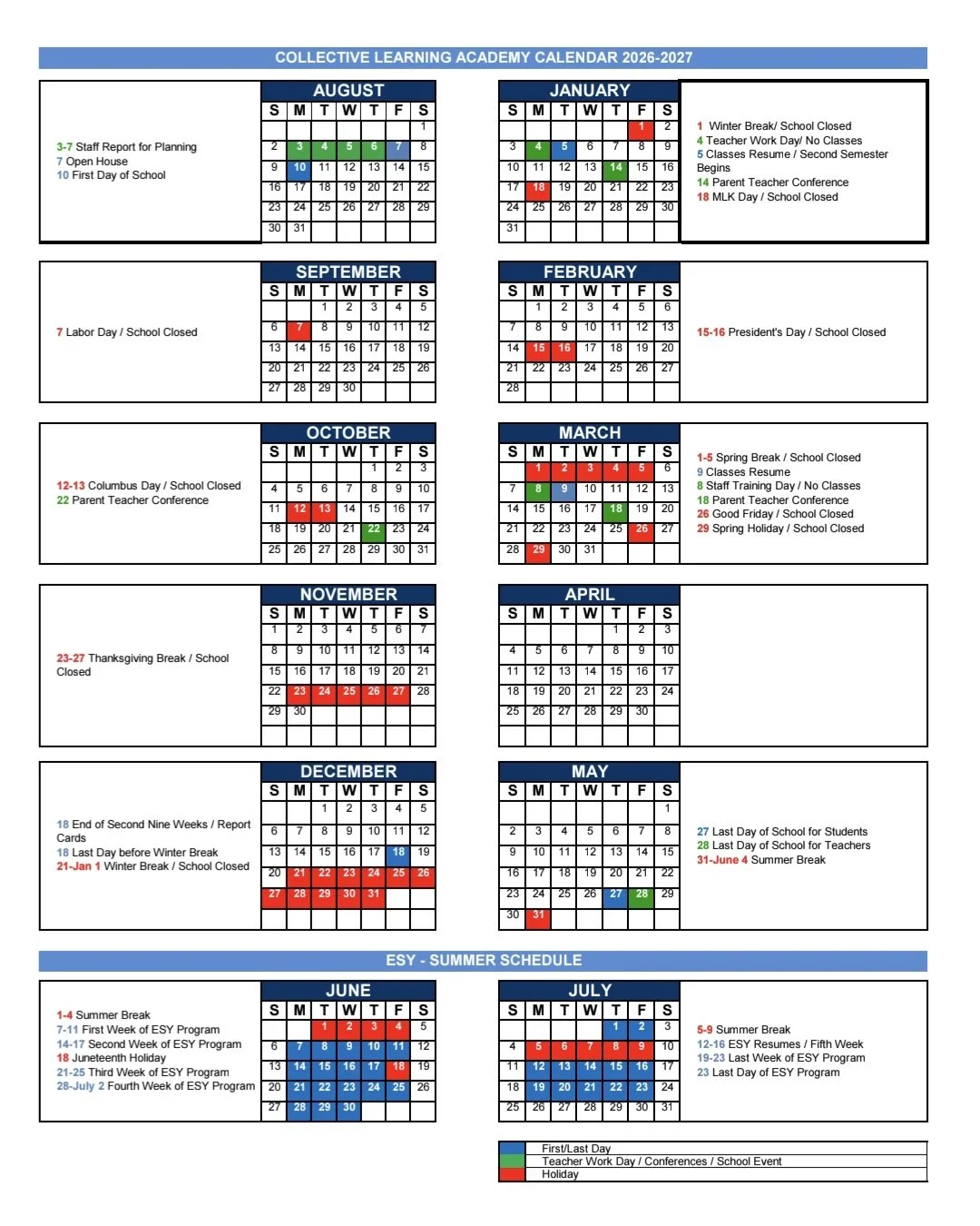 2026-2027 CLA School Calendar
