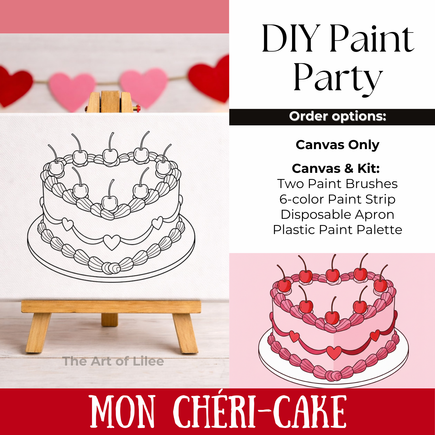 Mon-Chéri Cake| Pre-drawn Valentine's Day Canvas- DIY Paint Party