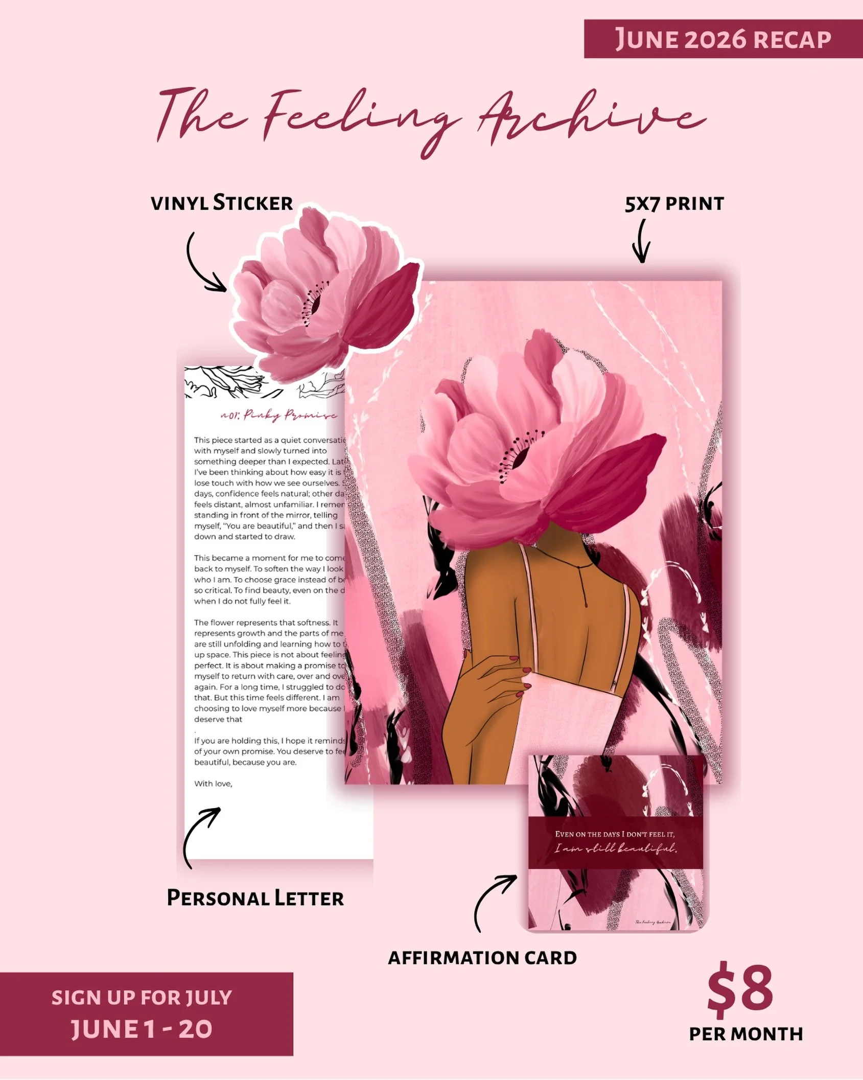 🌸 June may have shipped, but July is calling. 🌸

The Feeling Archive is a monthly print club created to bring a little more beauty, reflection, and intention into your mailbox.

For just $8/month, members receive:
🖼️ A new 5x7 art print
💌 A perso