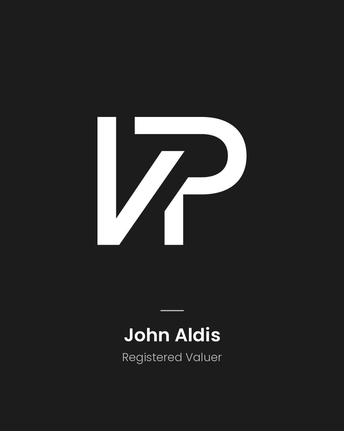 A digital icon with stylized white initials 'VP' on a black background, and white text below reading 'John Aldis' and 'Registered Valuer'.