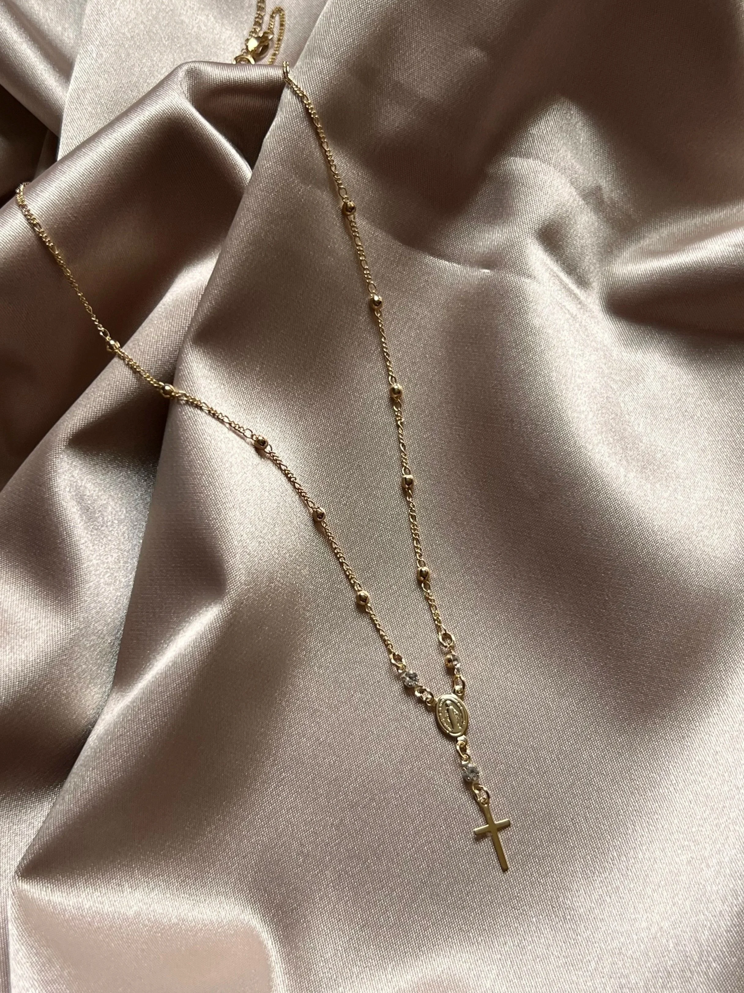 Rosary Ball Chain Necklace with CZ Stones