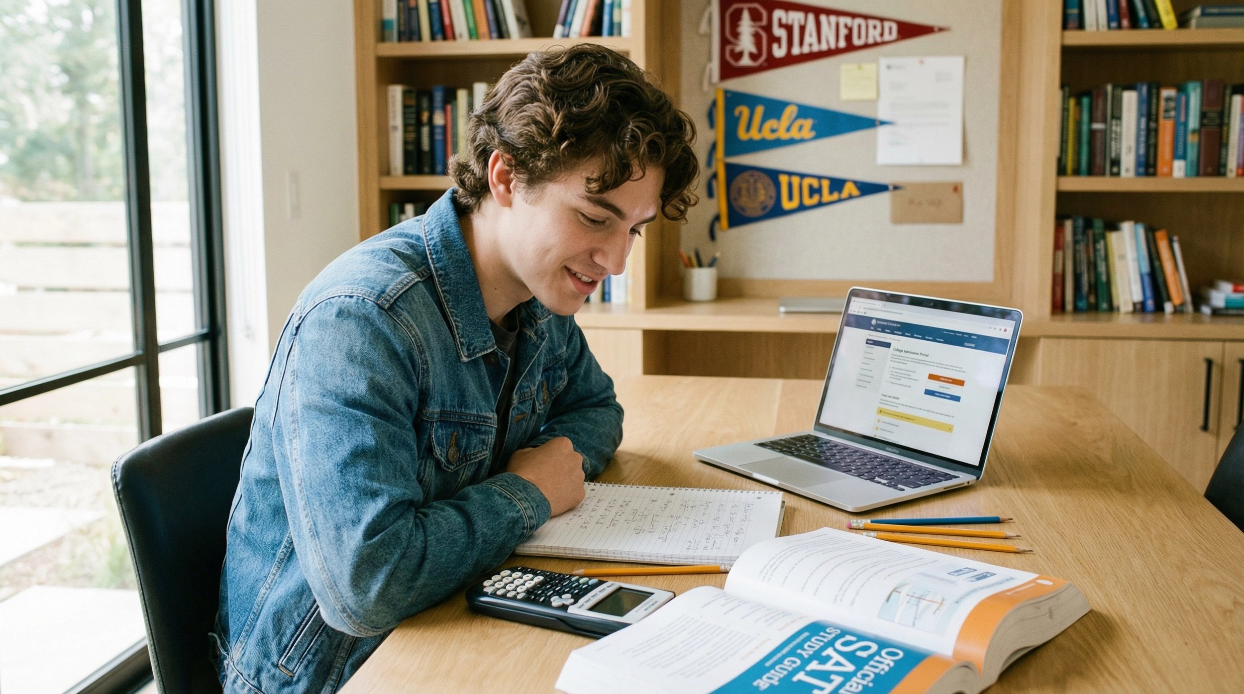 High school student studying for SAT exam with prep books, calculator, and laptop showing college admissions information