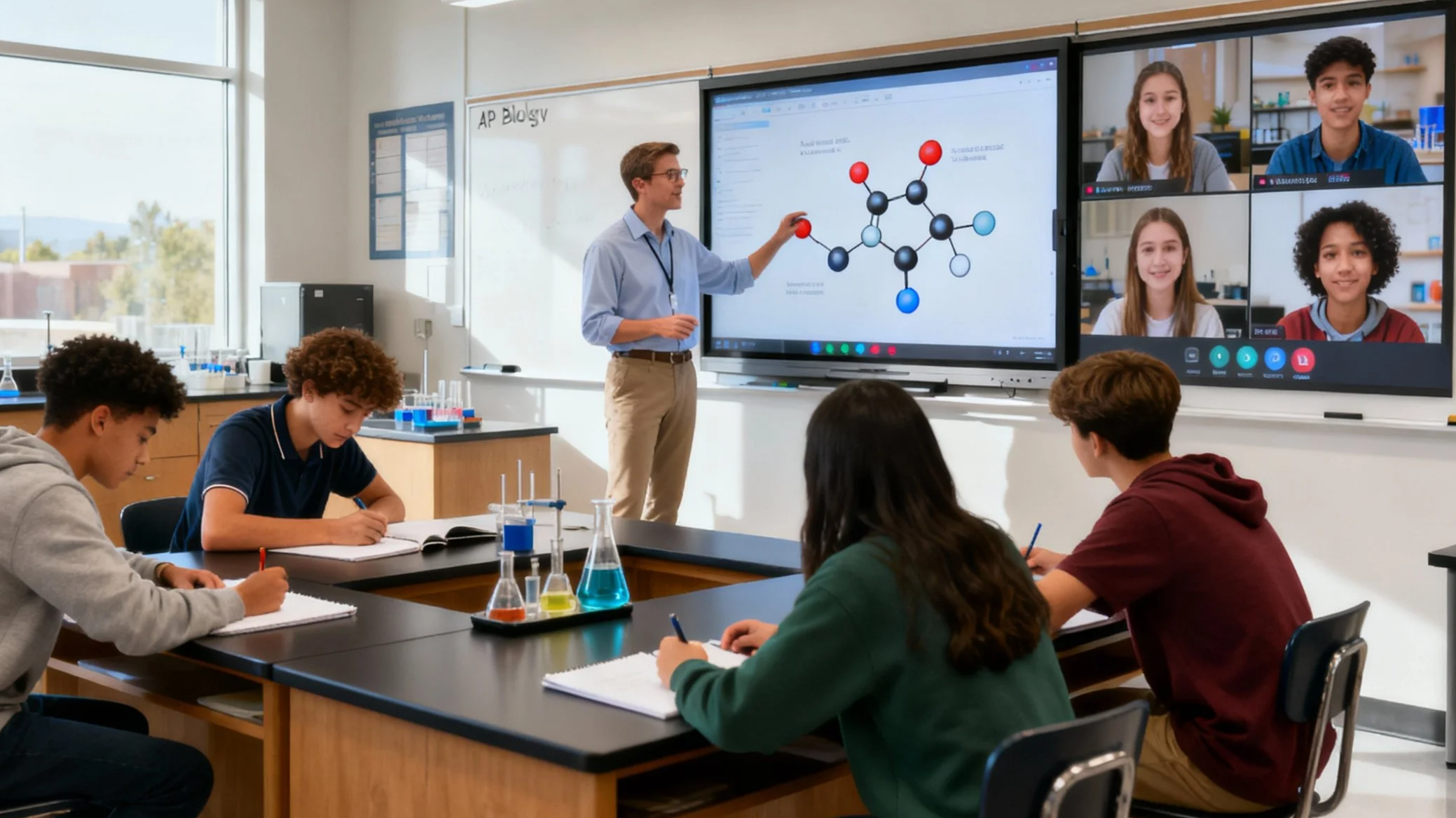 Hybrid learning model for Grades 6-12 AP Science course, showing a teacher in a Hosting District classroom instructing both in-person and remote students via video conference for district-led statewide course sharing.