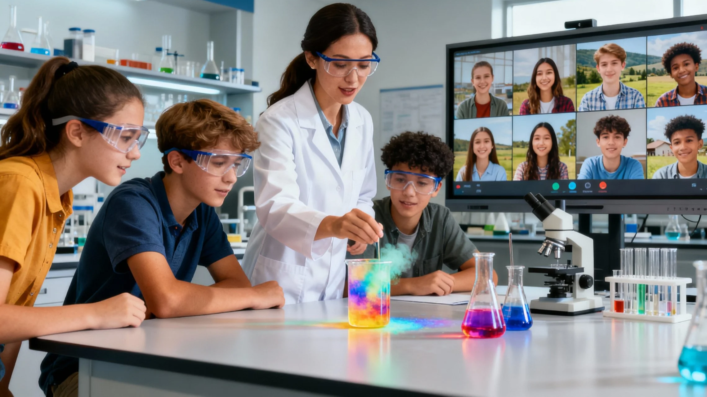 Hybrid AP Science class where a teacher and students conduct a lab experiment while remote students join via video conference, demonstrating STEM course sharing.