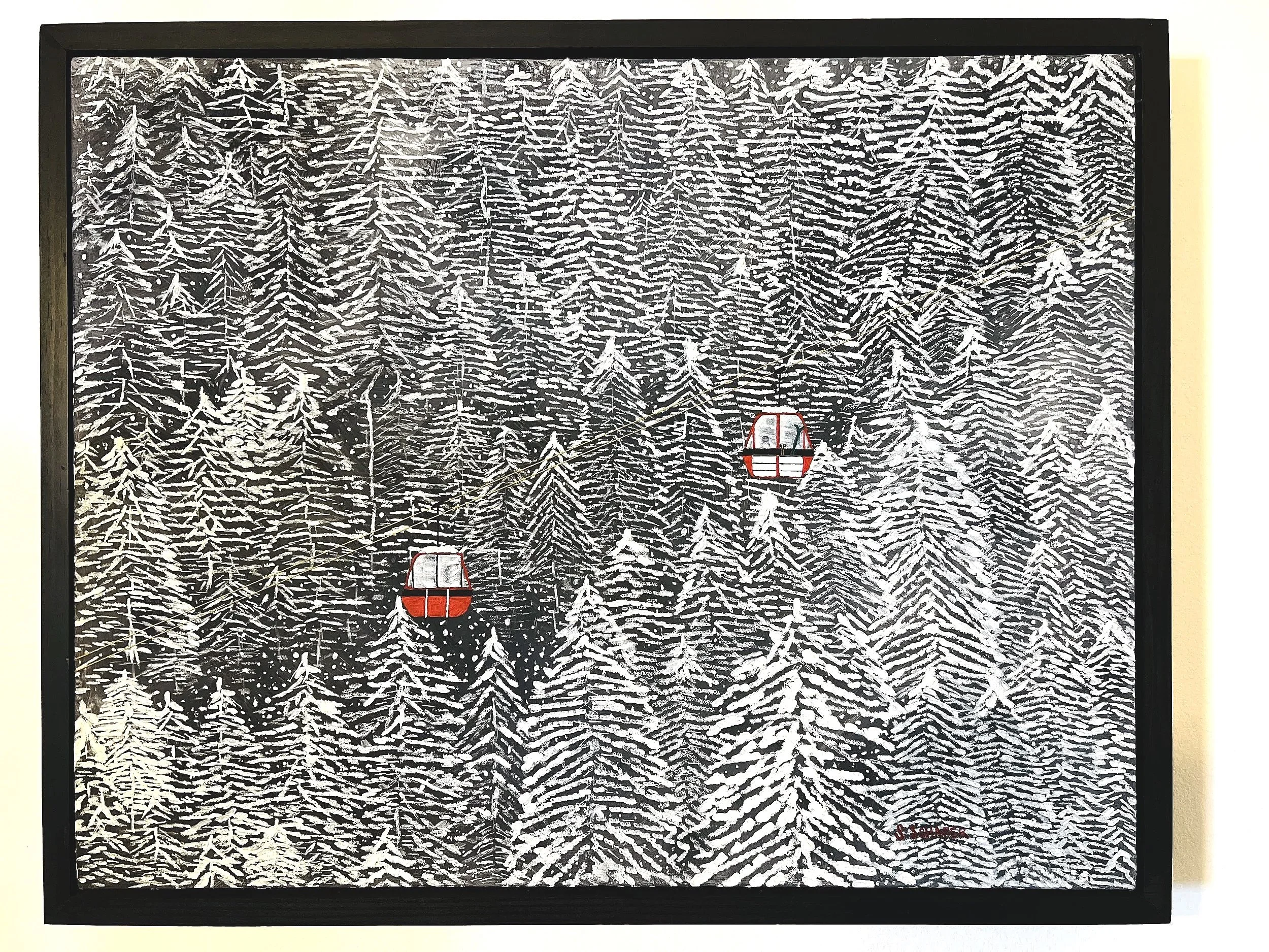 Red Gondolas in Alpine Forest Oil Painting