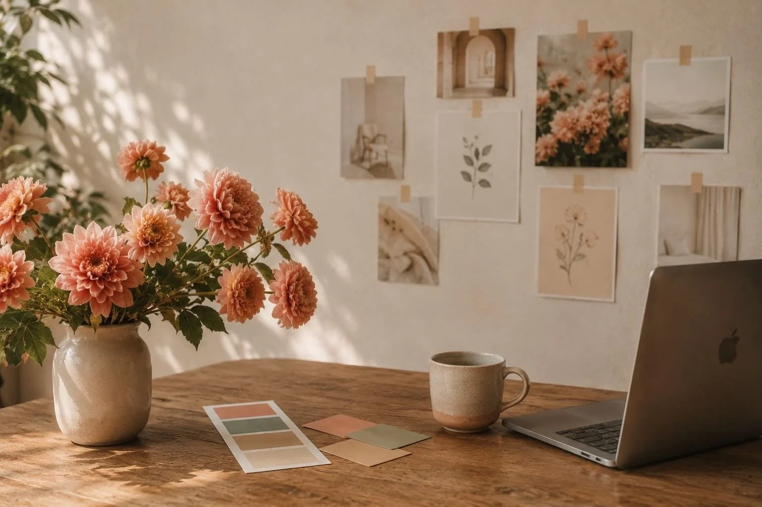 Marta's desk with a vase of peach-colored flowers, a coffee mug, color swatches, and an open laptop, with a wall decorated with framed photos and artwork in the background.