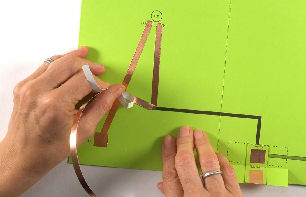 Run the copper down the black (-) line to the corner. Fold the copper back to make and angle.