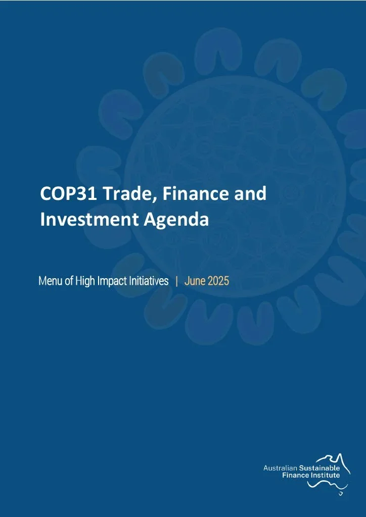 Cover page of a report titled 'COP31 Trade, Finance and Investment Agenda' with a subtitle 'Menu of High Impact Initiatives' and dated June 2025, published by the Australian Sustainable Finance Institute, featuring a blue background and a stylized coronavirus illustration.