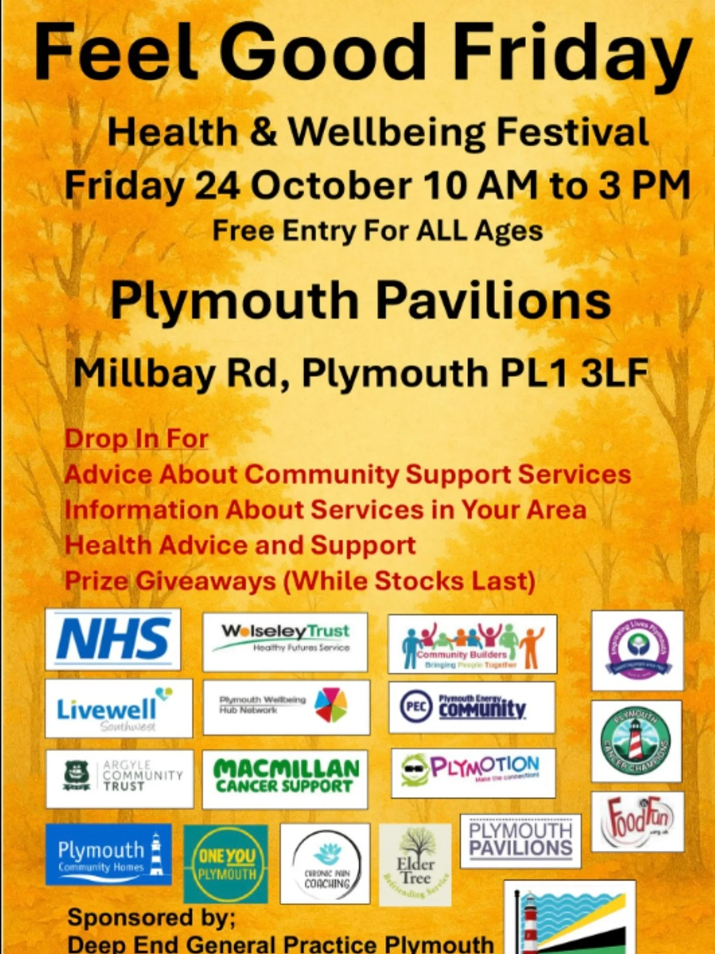 The next Feel Good Friday event will be held at Plymouth Pavilions next Friday (24th) 10am-3pm

Free to all, all ages welcome! 

@plymouthcitycouncil @nhsdevon @plymouthcommunityhomes @macmillancancer @plymouthwellbeinghubnetwork @wolseleytrust @plym