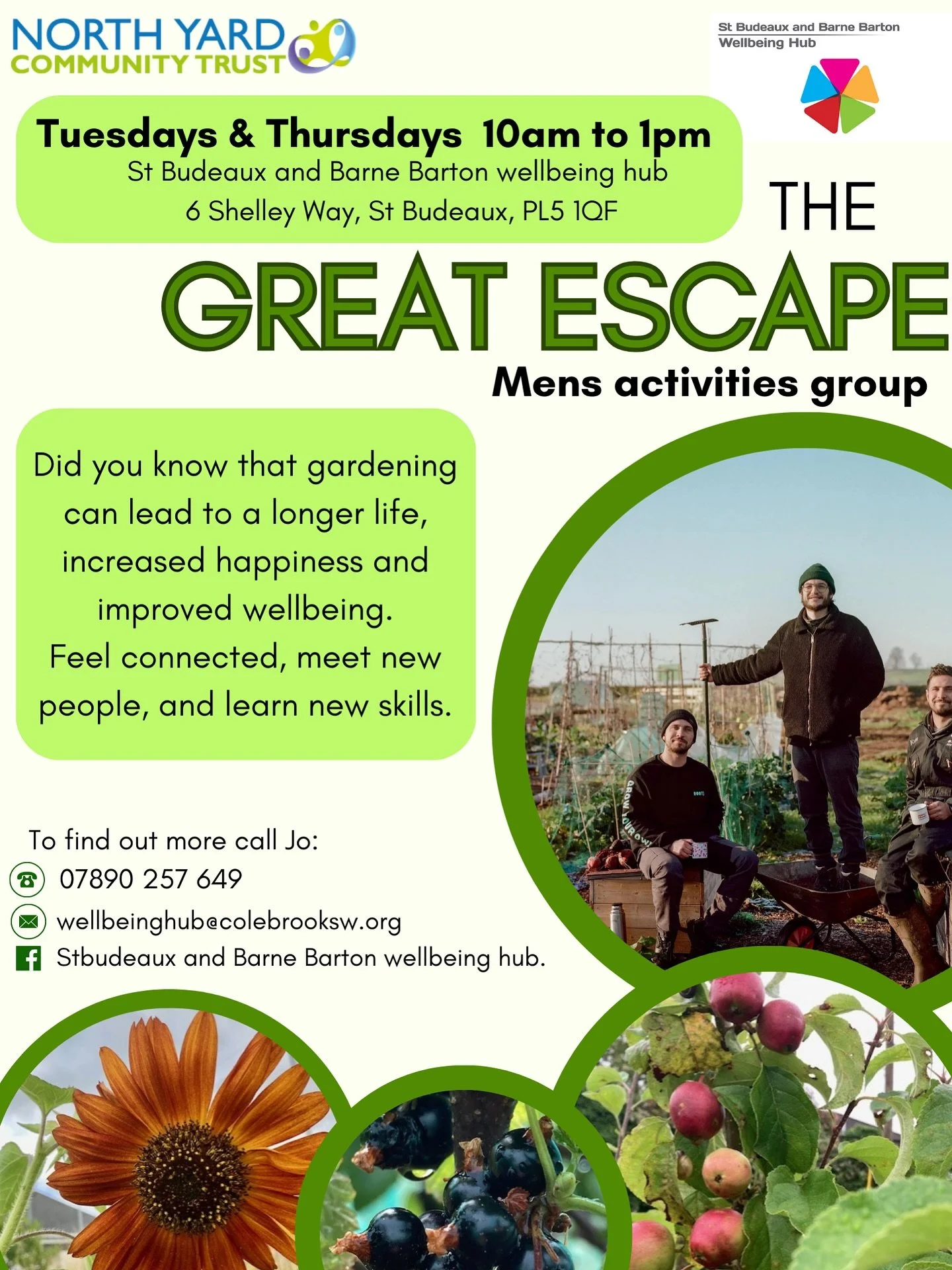 The Great Escape Men&rsquo;s Gardening Group meet every Tuesday and Thursday, 10am - 1pm at St Budeaux and Barne Barton Wellbeing Hub, PL5 1QF

Tomorrow (Tues 4th Nov) between 10am-12pm there will also be a special workshop where the group will be se