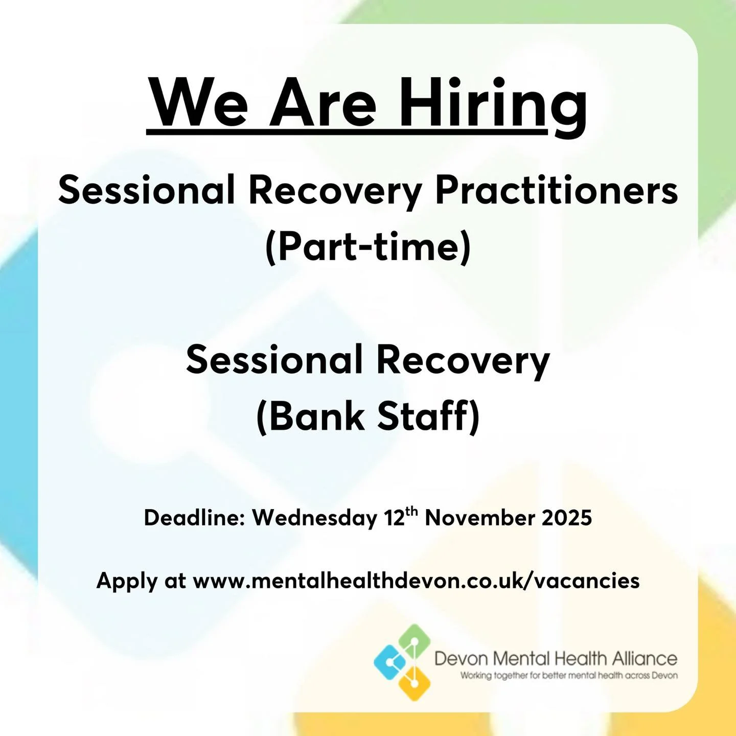 DEADLINE IS MIDNIGHT!
We have 4 current vacancies including Sessional Recovery Practitioner roles in Exeter, Paignton, Bideford and Barnstaple, as well as Sessional Recovery Bank Staff across Devon. 

Full details at www.mentalhealthdevon.co.uk/vacan