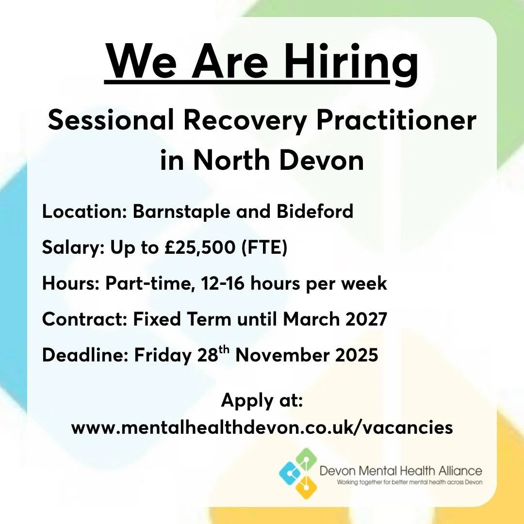 One week until the deadline!⏰ Are you friendly, outgoing and keen to help better mental health in Devon?

We are looking for a Sessional Recovery Practitioner in North Devon who can lead our Drop-in sessions in Barnstaple and Bideford. The role is pa