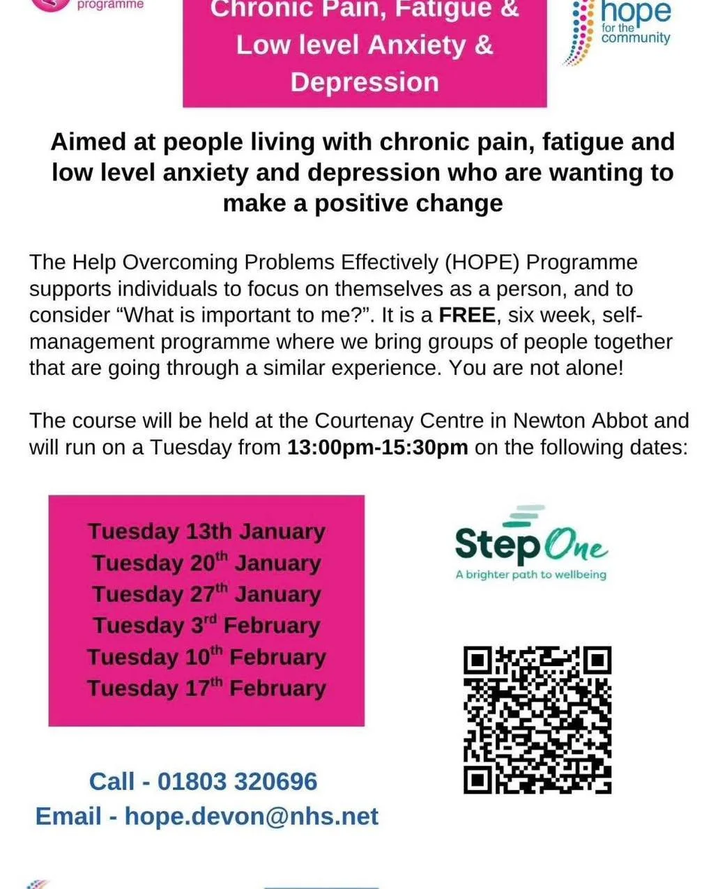 New Year, New HOPE Programmes in Newton Abbot &amp; Exeter!

Living with chronic pain, fatigue, or low-level anxiety/depression? You&rsquo;re not alone. Join our FREE friendly, practical HOPE (Help Overcoming Problems Effectively) course to learn new