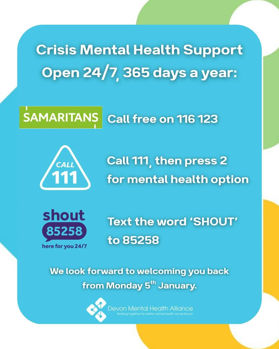 Mental Health Supports available over the festive period, if you are experiencing a mental health crisis. These services are available 24/7, 365 days a year and are all completely free and confidential.

@samaritanscharity - 📞 Call free on 116 123

