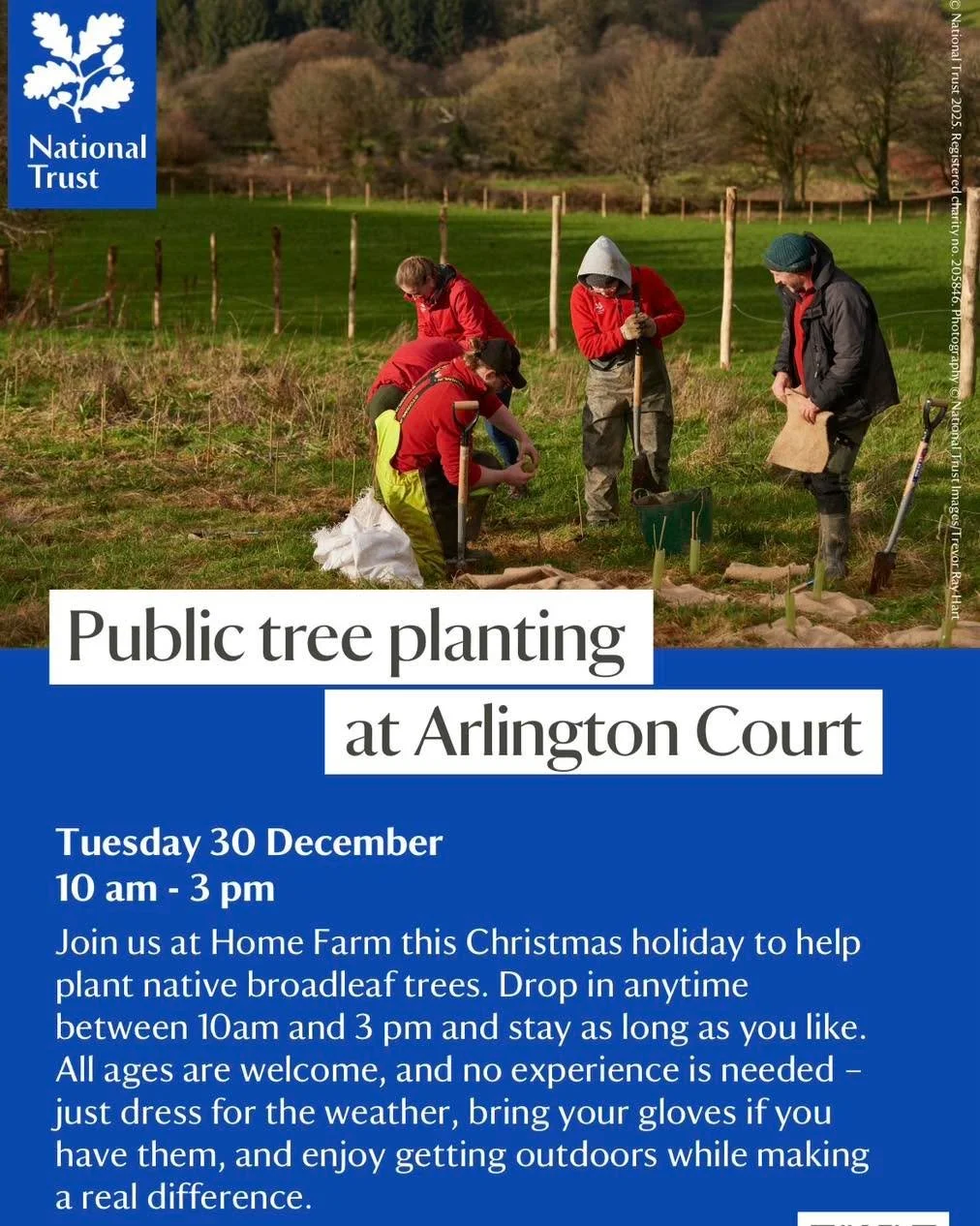 Public Tree Planting at Arlington Court in Barnstaple!🌲 Tues 30th Dec, 10am-3pm - all ages welcome!🪏

Join @nationaltrust at Home Farm this Christmas holiday to help plant native broadleaf trees. Drop in anytime between 10am - 3pm and stay as long 