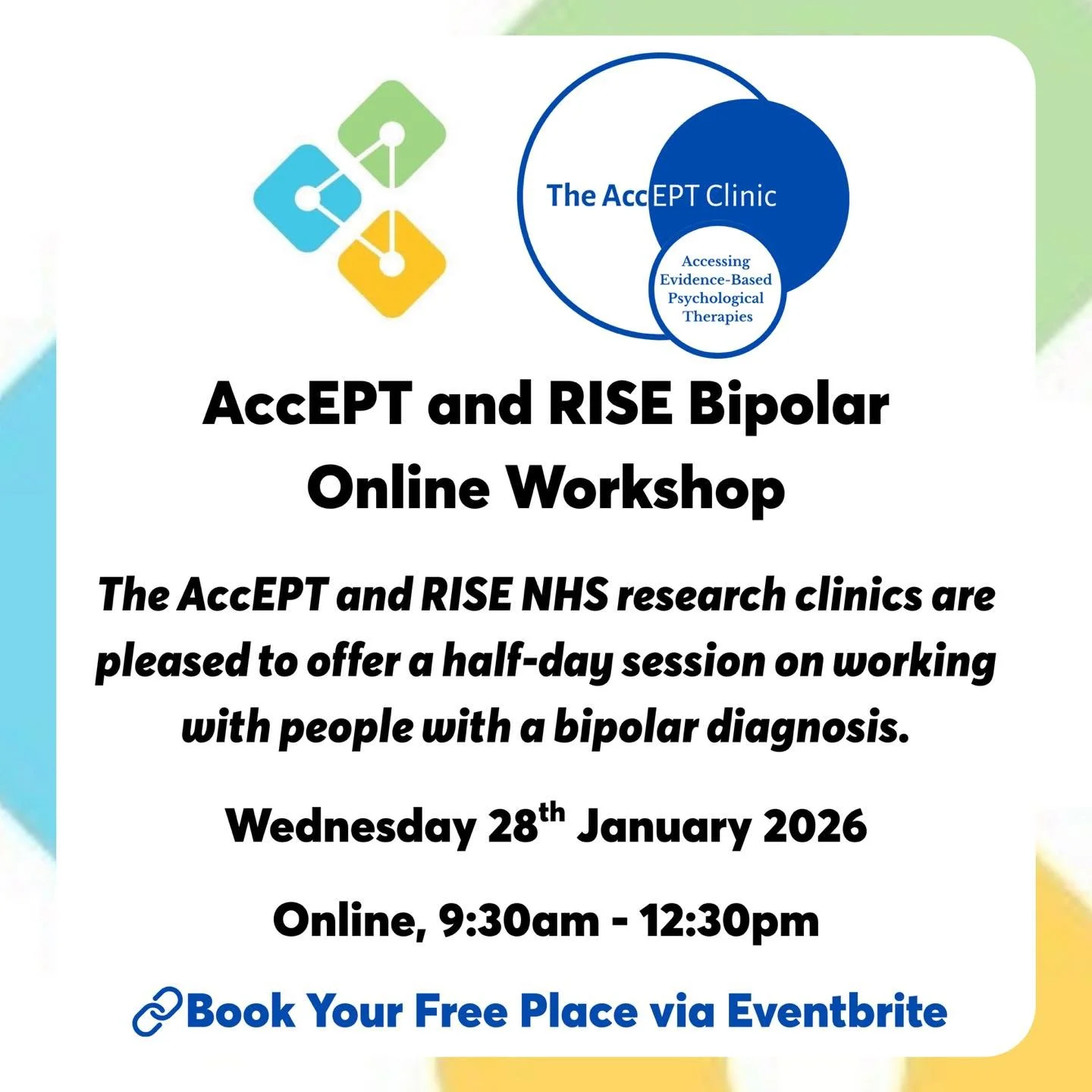 The AccEPT and RISE NHS research clinics are pleased to offer a half-day session on working with people with a bipolar diagnosis.

The AccEPT and new RISE NHS research clinics are pleased to offer two half-day sessions on working with people with bip