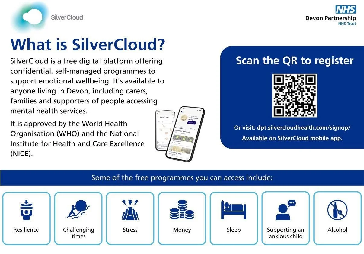 SilverCloud is a free digital platform offering confidential, self-managed programmes to support emotional wellbeing. Run by @dpt_nhs it&rsquo;s available to anyone living in Devon, including carers, families and supporters of people accessing mental