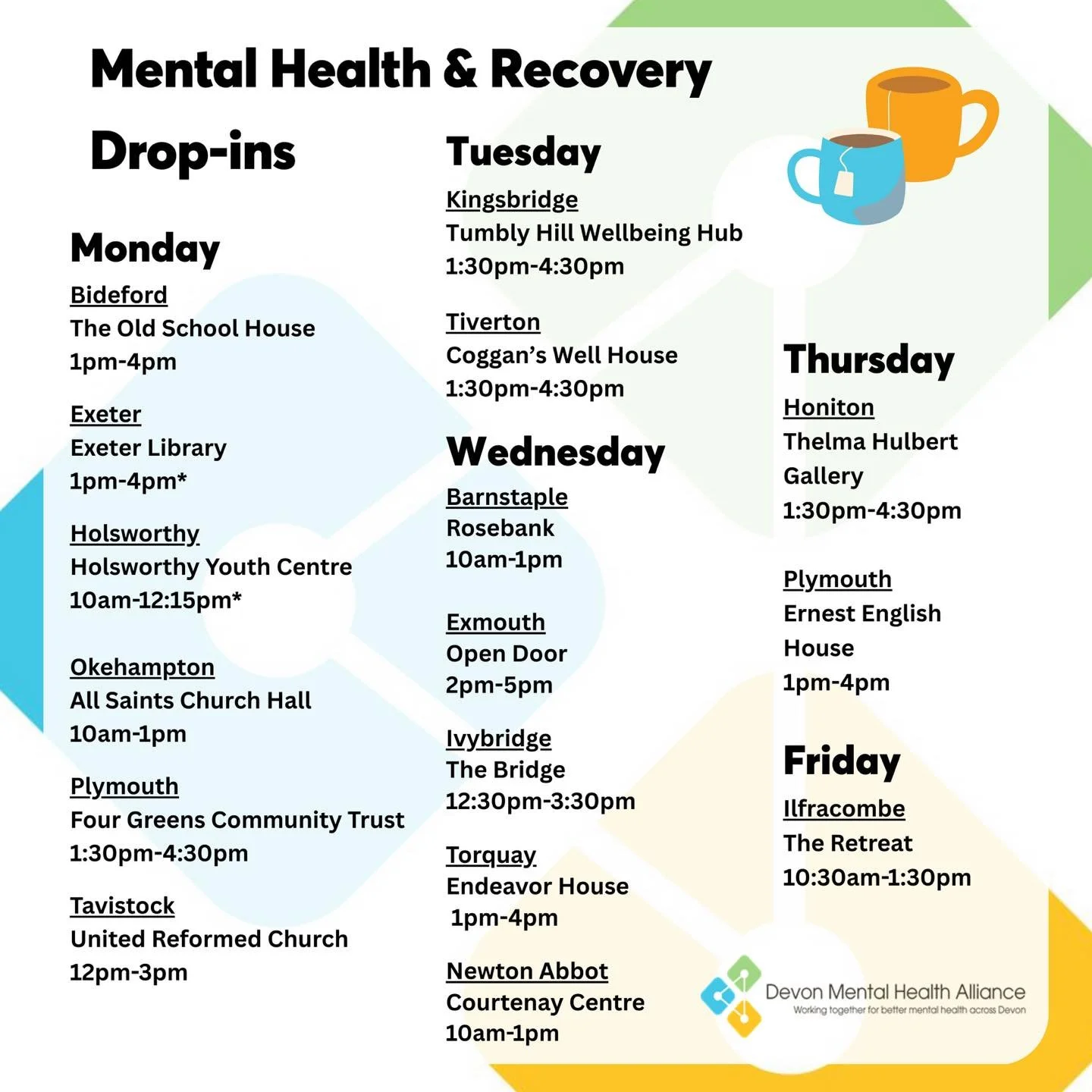 NEW Mental Health &amp; Recovery Drop-in Timetable✅ We are delighted to update you with some additions to our Mental Health and Recovery Drop-ins, including new locations and new timings&hellip;

New Locations:
📍NEW Drop-ins in Barnstaple, Exeter an