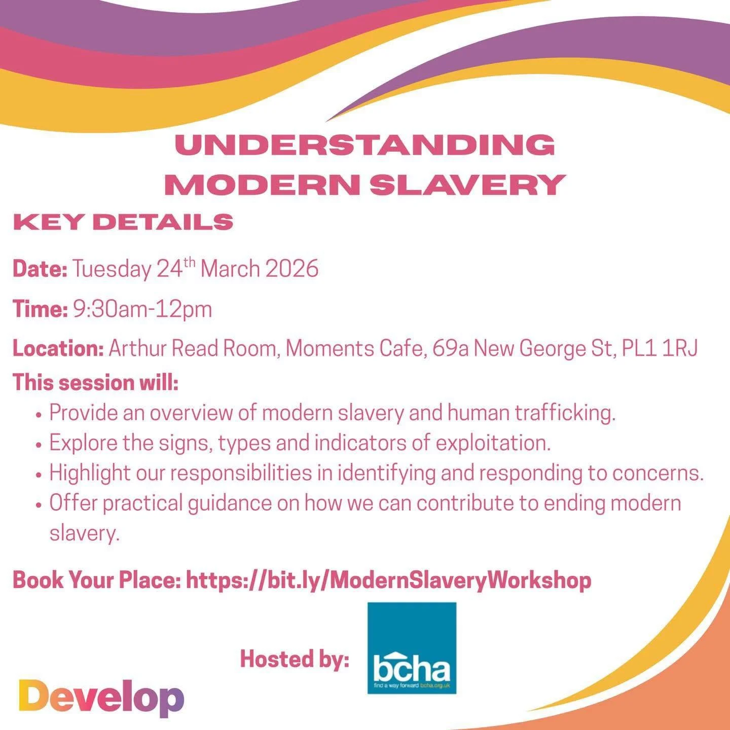 As part of the Develop programme, we are delighted to offer this free workshop on Understanding Modern Slavery, hosted by BCHA ( @bcha.news )

This 2.5 hour workshop will be held on Tuesday 24th March, 9:30am-12pm in the Arthur Read Room at Moments C