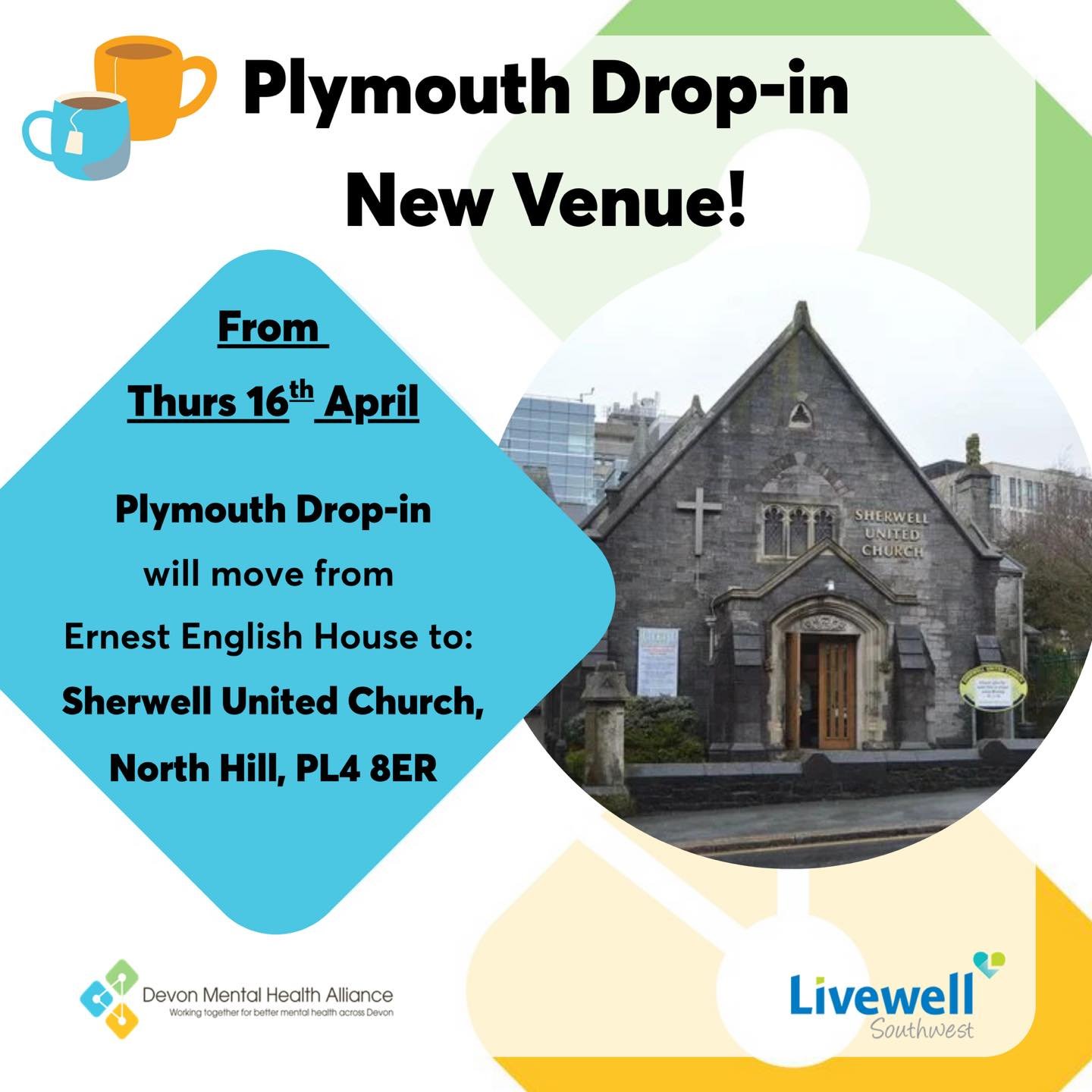 Plymouth Drop-in New Venue Announcement!

Due to its popularity, our Plymouth City Centre Drop-in has outgrown its current space at Ernest English House. From Thursday 16th April, we will be moving to a larger space at Sherwell United Church (next to